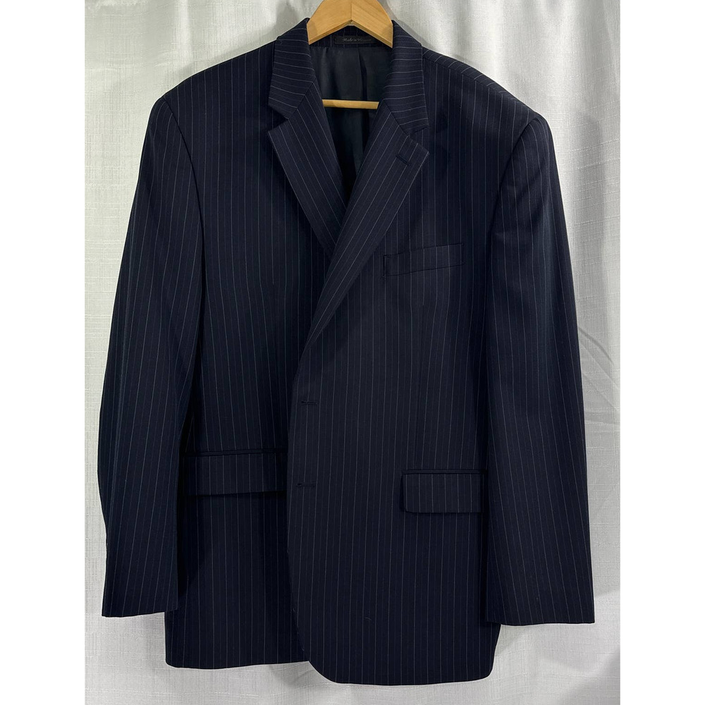 CHAPS Men's 100% 2 Button Wool Navy Blue Pin Stripe Sport Coat Suit Jacket 46R - Picture 1 of 5